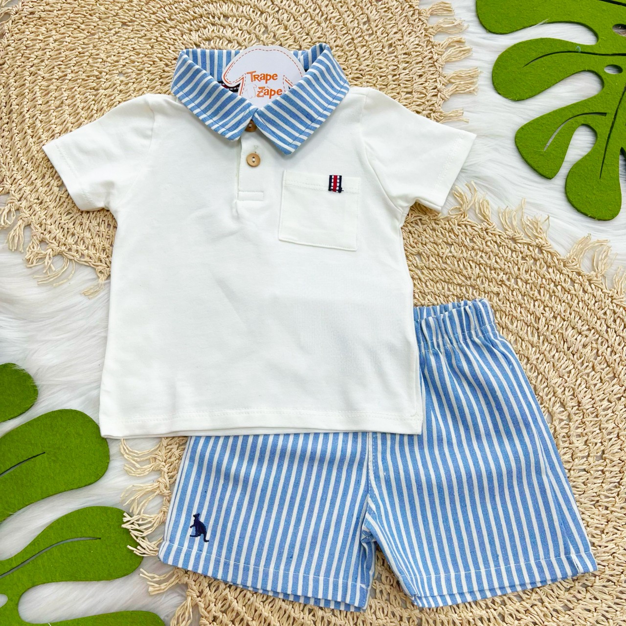 Conj Gola Polo Linho Off e Azul